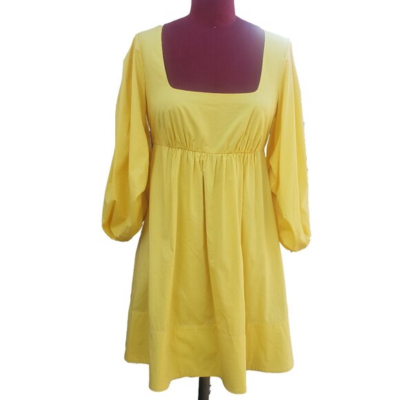 Staud Sophie Dress Yellow Poplin Square Neck 1/2 Sleeve Empire Waist Small - Picture 2 of 9